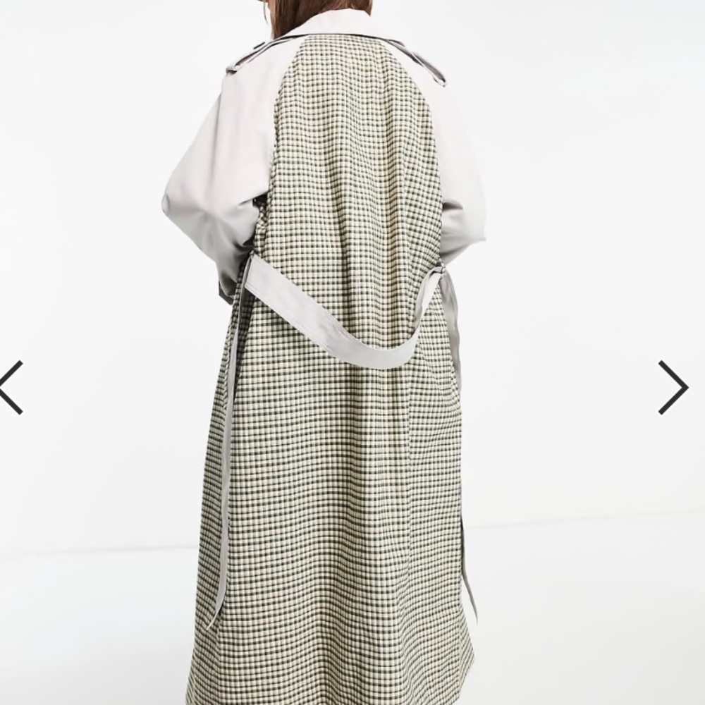 ASOS Design Spliced Check Trench Coat in Stone